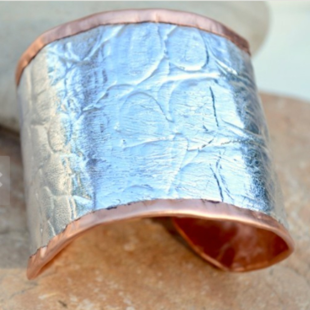 Copper Real Leather Silver Crocodile Cuff Bracelet Handmade Wide Boho Gift
